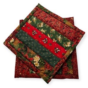 Vintage Hand Quilted Hot Pads Merry & Bright Christmas Prints Hot Holder Trivet